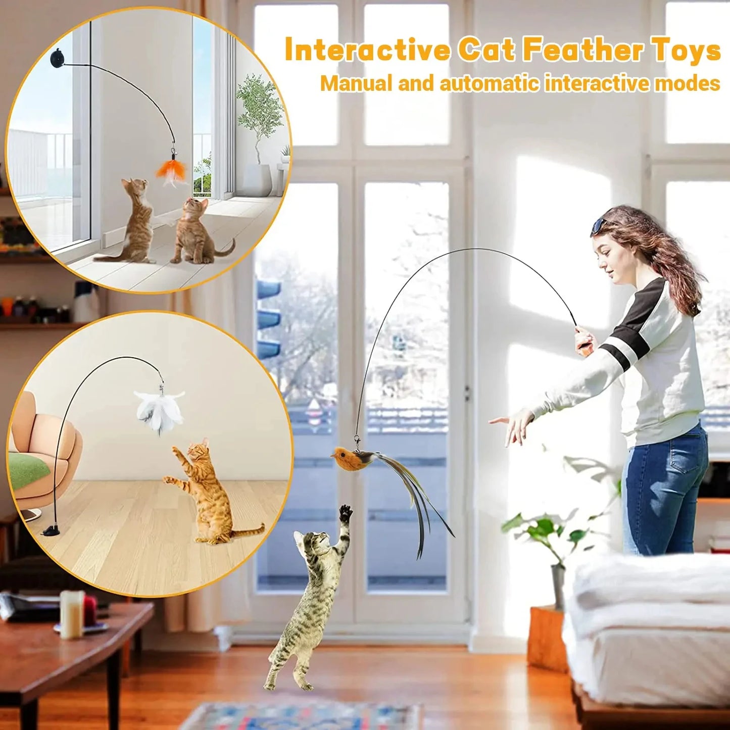 Interactive Feather Wand Cat Toy Set